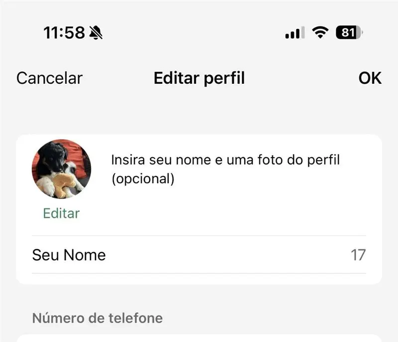 Captura de tela da opção “Editar perfil” nas configurações do WhatsApp no iOS Imagem: Captura de tela da opção “Editar perfil” nas configurações do WhatsApp no iOS