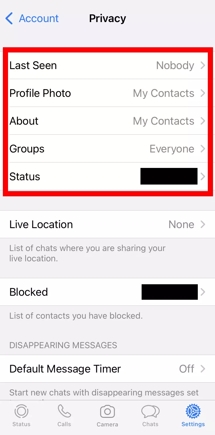 Imagem: Captura de tela do iPhone das configurações de privacidade do WhatsApp