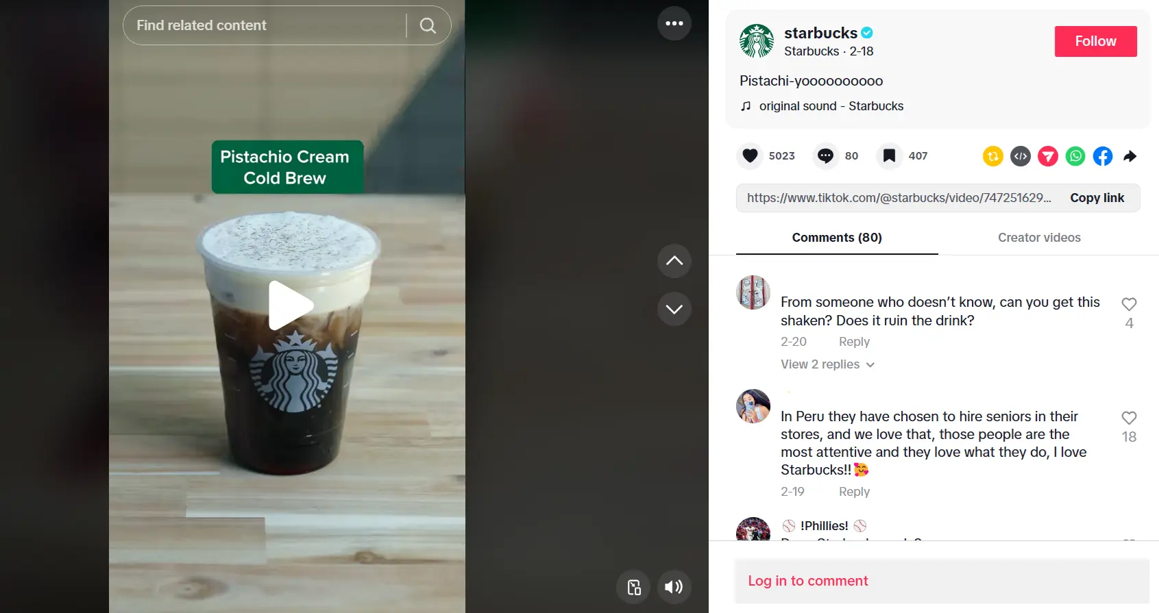 Captura de tela de publicação do Starbucks no TikTok Imagem: Captura de tela de publicação do Starbucks no TikTok