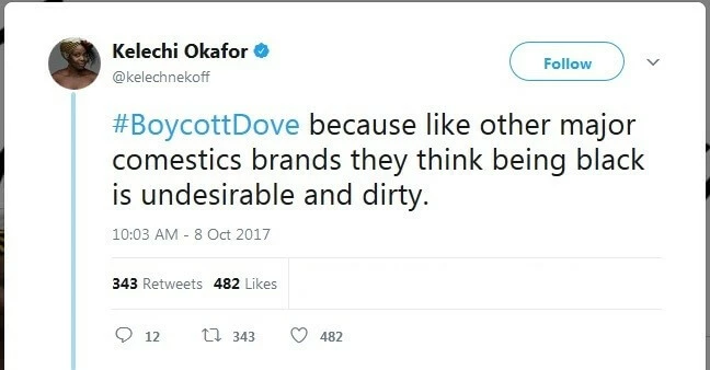 Imagem: Tweet contra publicidade da Dove interpretada como racista