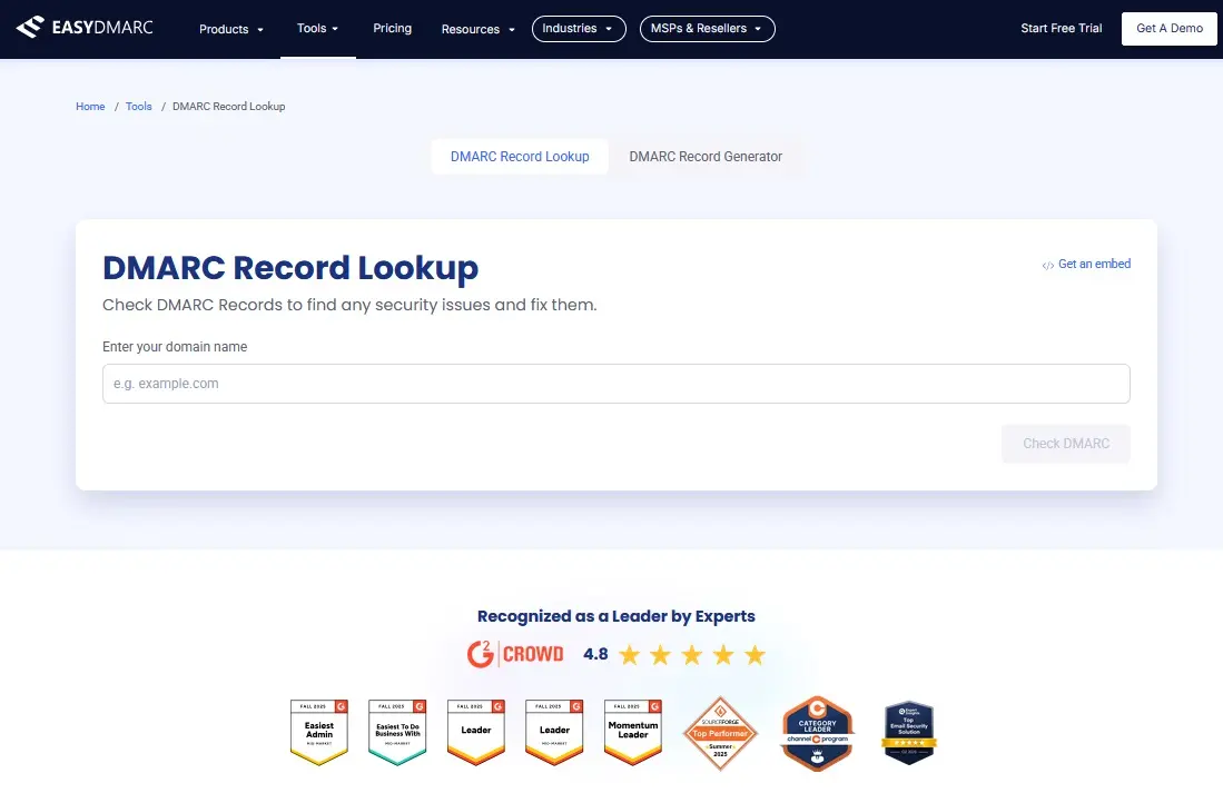 Imagem: Captura de tela da ferramenta de consulta de registro DMARC do easydmarc.com