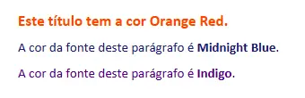 Cores HTML: Exemplo de texto com diferentes cores Imagem: Cores HTML: Exemplo de texto com diferentes cores