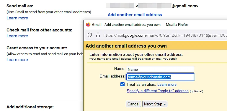 Captura de tela para adicionar seu novo endereço de e-mail ao Gmail Imagem: Captura de tela para adicionar seu novo endereço de e-mail ao Gmail