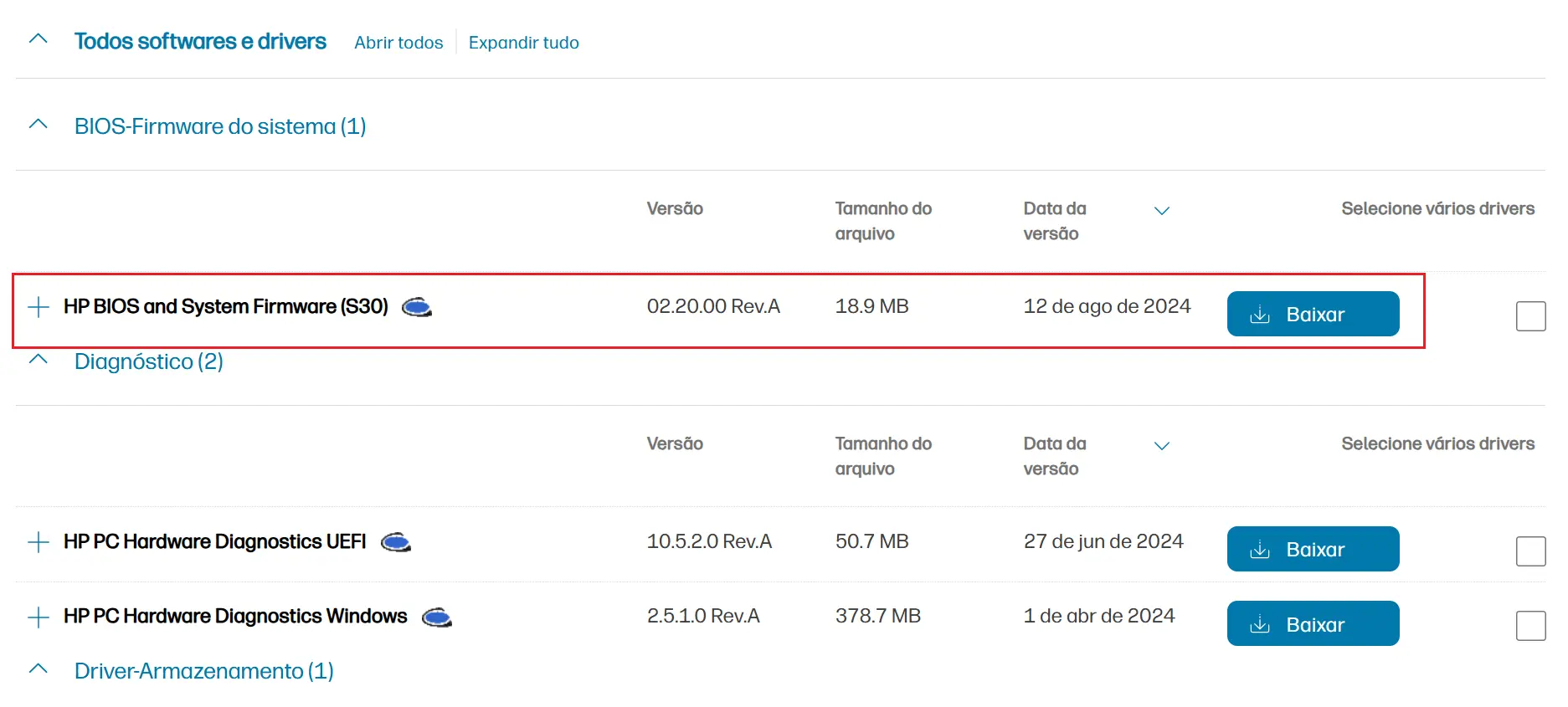 Imagem: Site da HP: Escolher atualização do BIOS