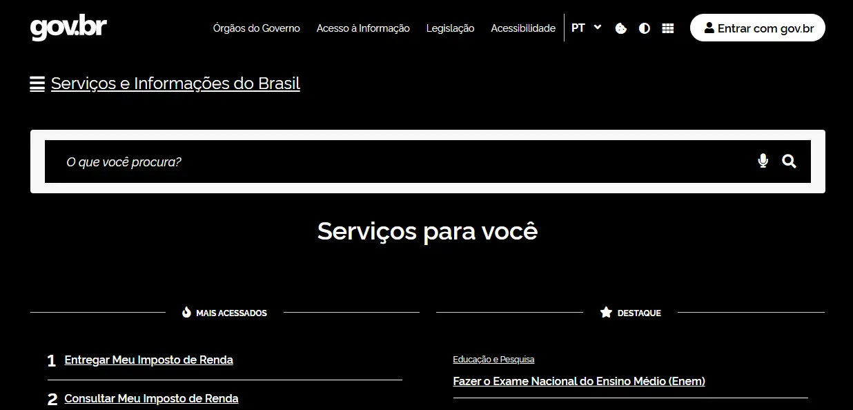Imagem: Captura de tela do site gov.br, que oferece diversas op&ccedil;&otilde;es de acessibilidade, como alto contraste