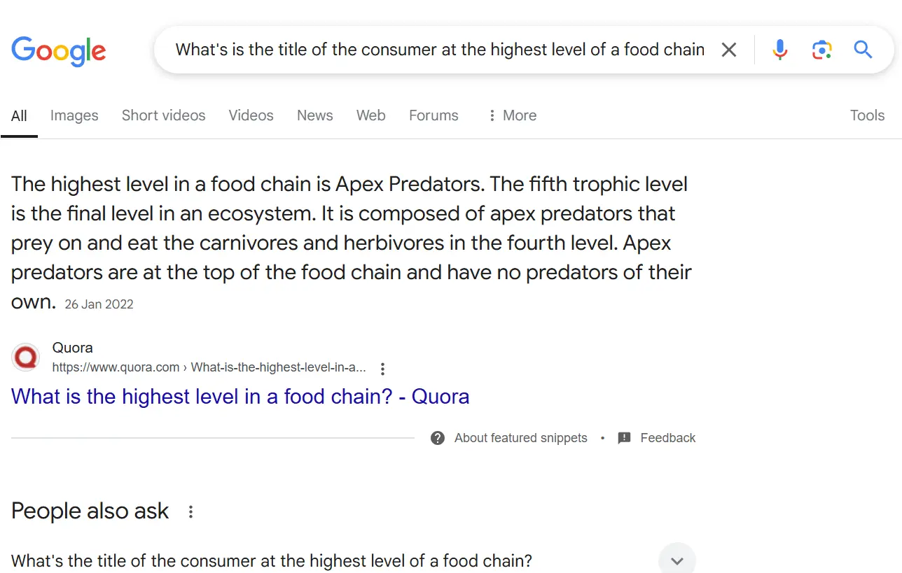 Imagem: Resultados da pesquisa do Google para a palavra-chave “What’s the title of the consumer at the highest level of a food chain”