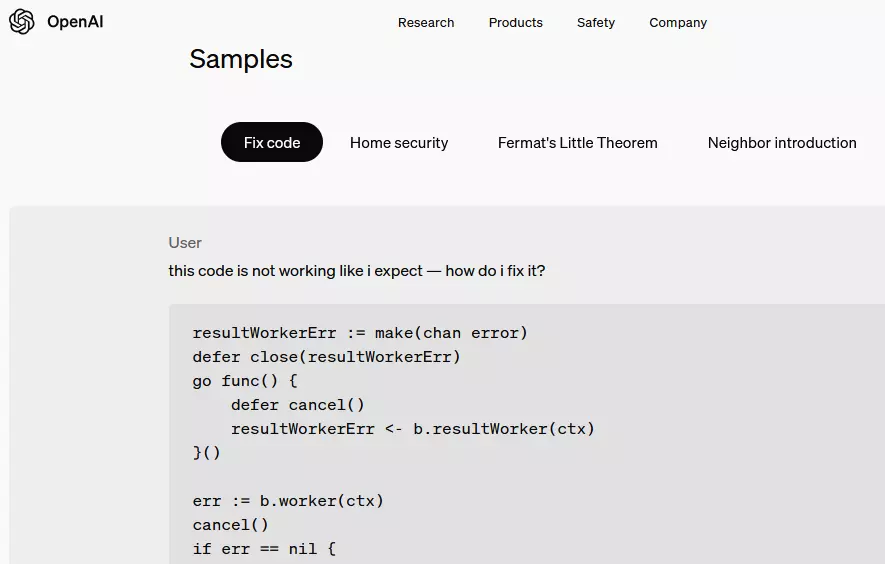Site da OpenAI: Exemplo de código do ChatGPT Imagem: Site da OpenAI: Exemplo de código do ChatGPT