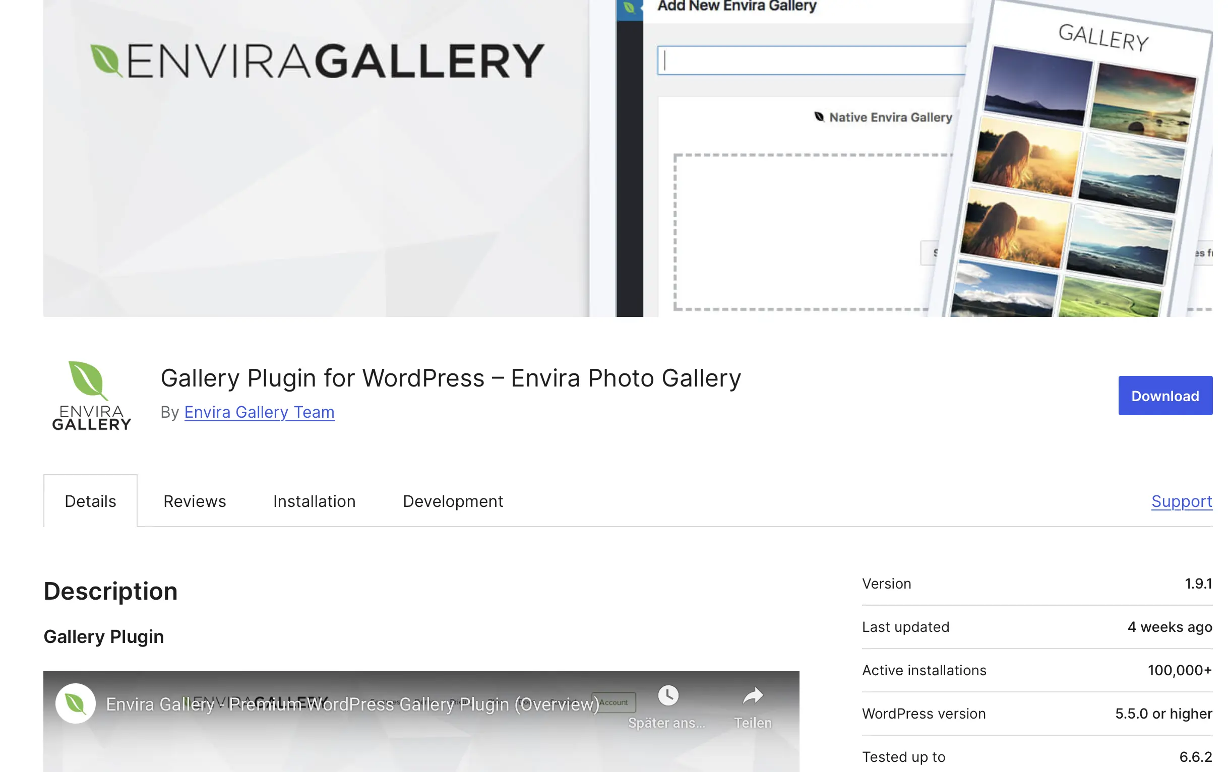 Imagem: Envira Gallery no repositório de plugins do WordPress