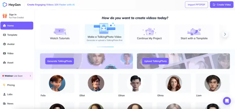 Captura de tela da página inicial do HeyGen Captura de tela da página inicial do HeyGen