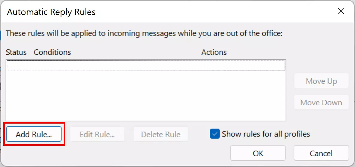 Janela para configurar regras para respostas automáticas no Outlook Janela para configurar regras para respostas automáticas no Outlook
