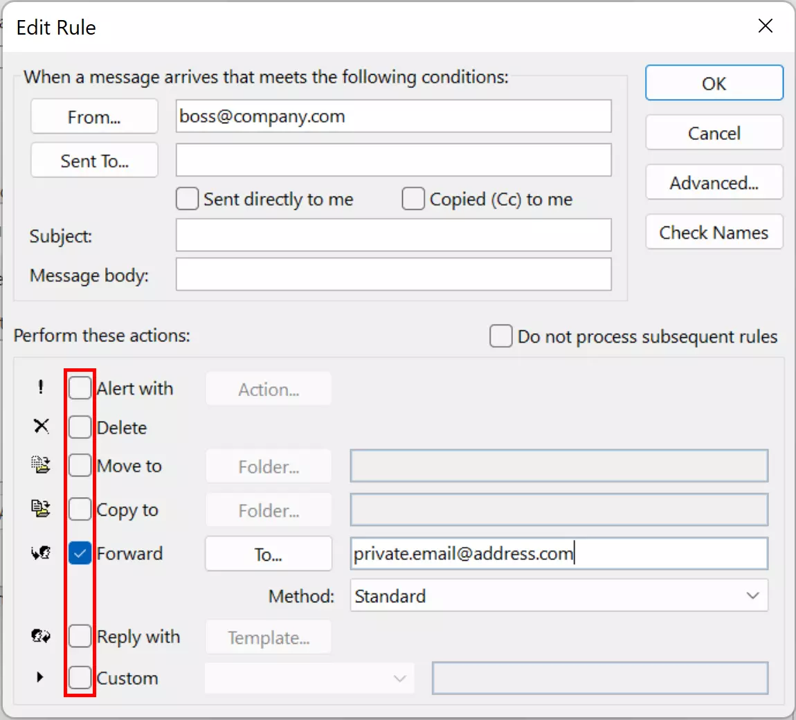 Janela para configuração de regras fora do escritório no Outlook Janela para configuração de regras fora do escritório no Outlook
