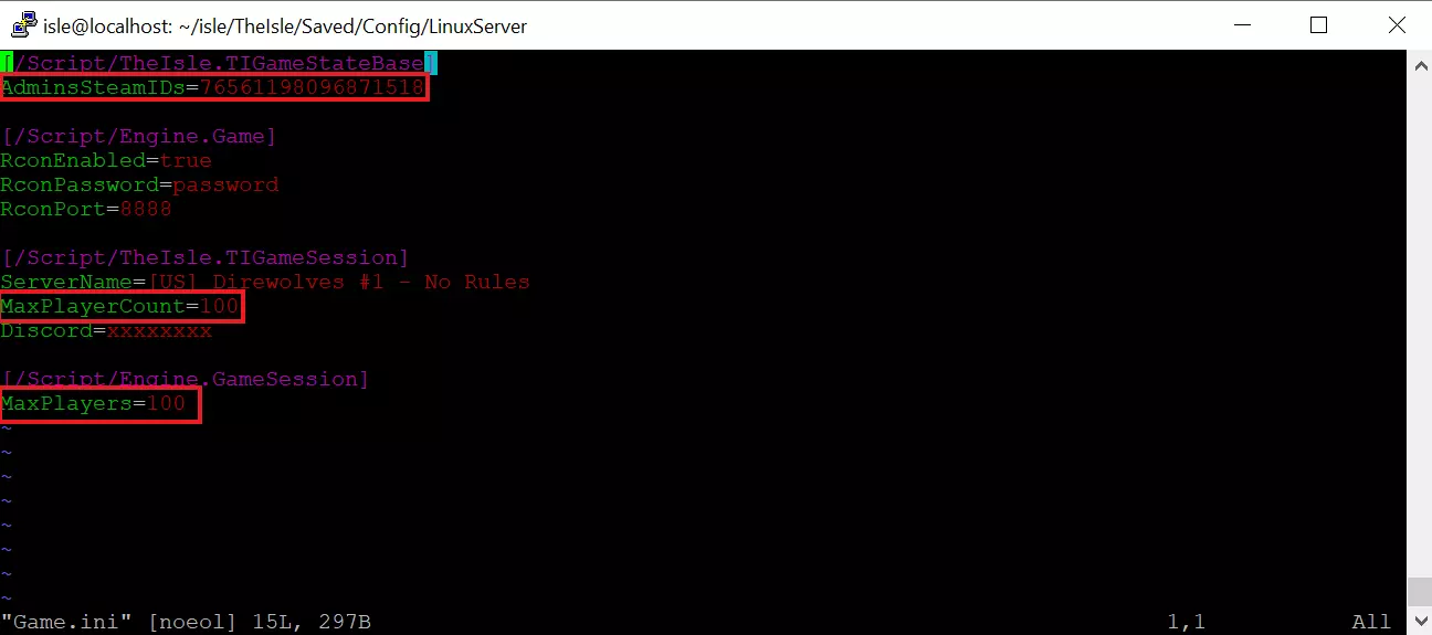 Visão do arquivo Game.ini no editor de texto vim Visão do arquivo Game.ini no editor de texto vim
