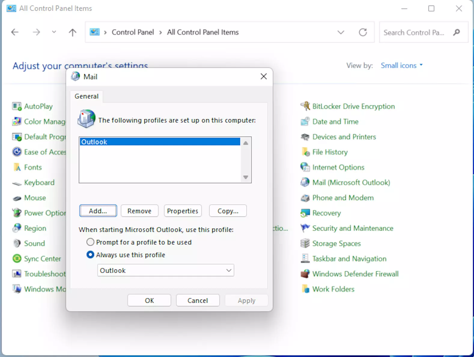 Adicionar um novo perfil do Outlook Adicionar um novo perfil do Outlook