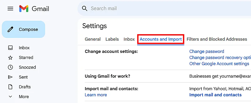 Captura de tela de “Accounts and Import” nas configurações do Gmail Imagem: Captura de tela de “Accounts and Import” nas configurações do Gmail