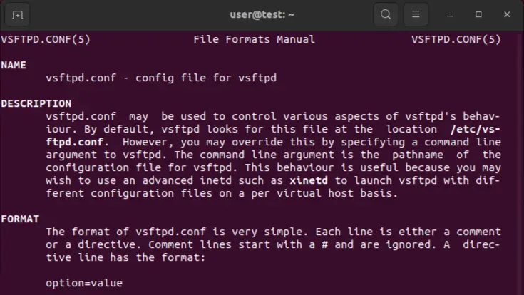 Manuais de configuração do vsftpd no terminal Imagem: Manuais de configuração do vsftpd no terminal