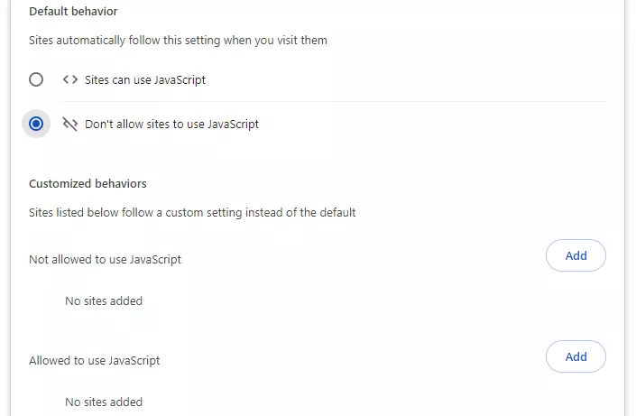 Google Chrome: Configurações de JavaScript Imagem: Google Chrome: Configurações de JavaScript