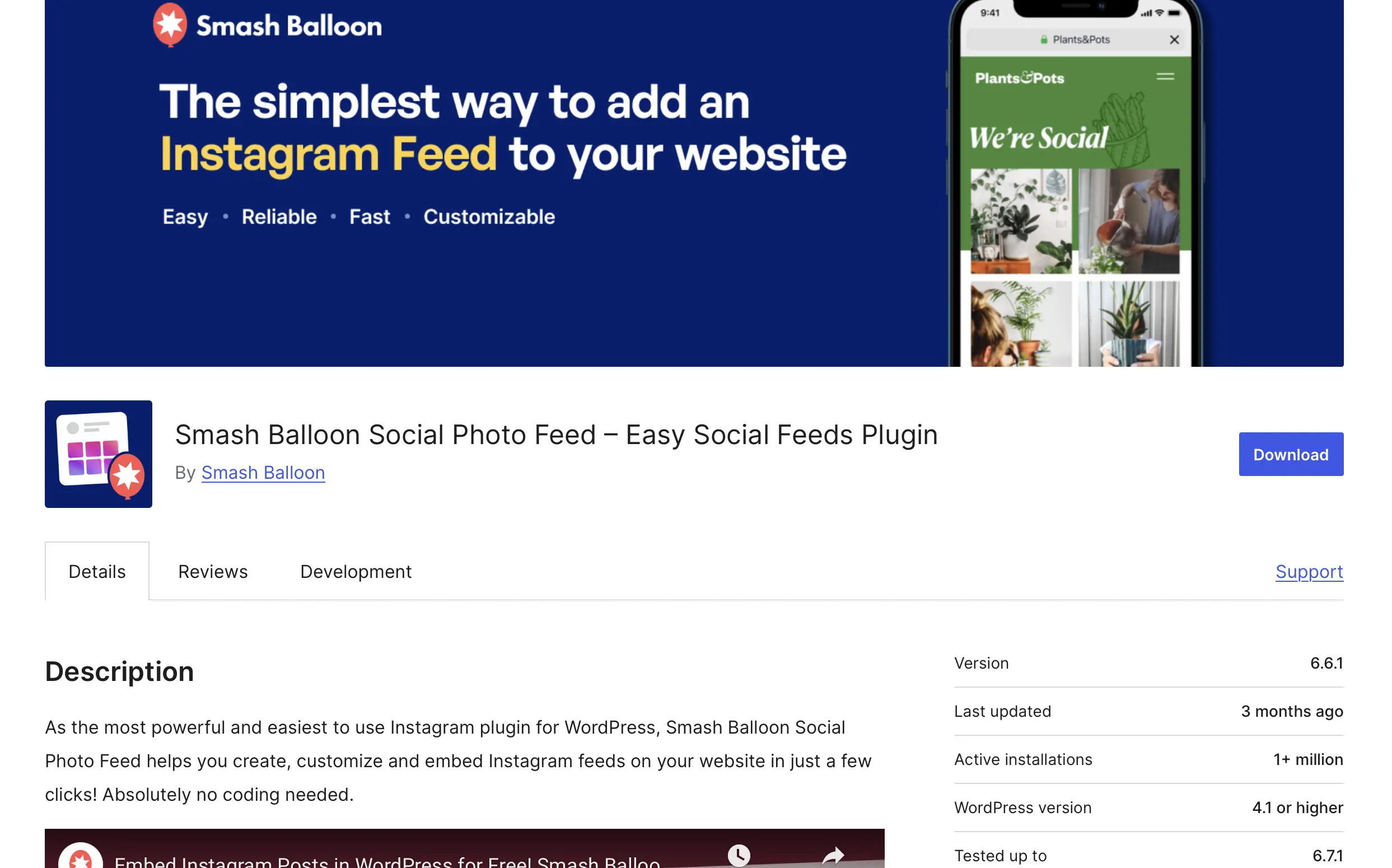 Imagem: Smash Balloon Social Photo Feed no repositório de plugins do WordPress