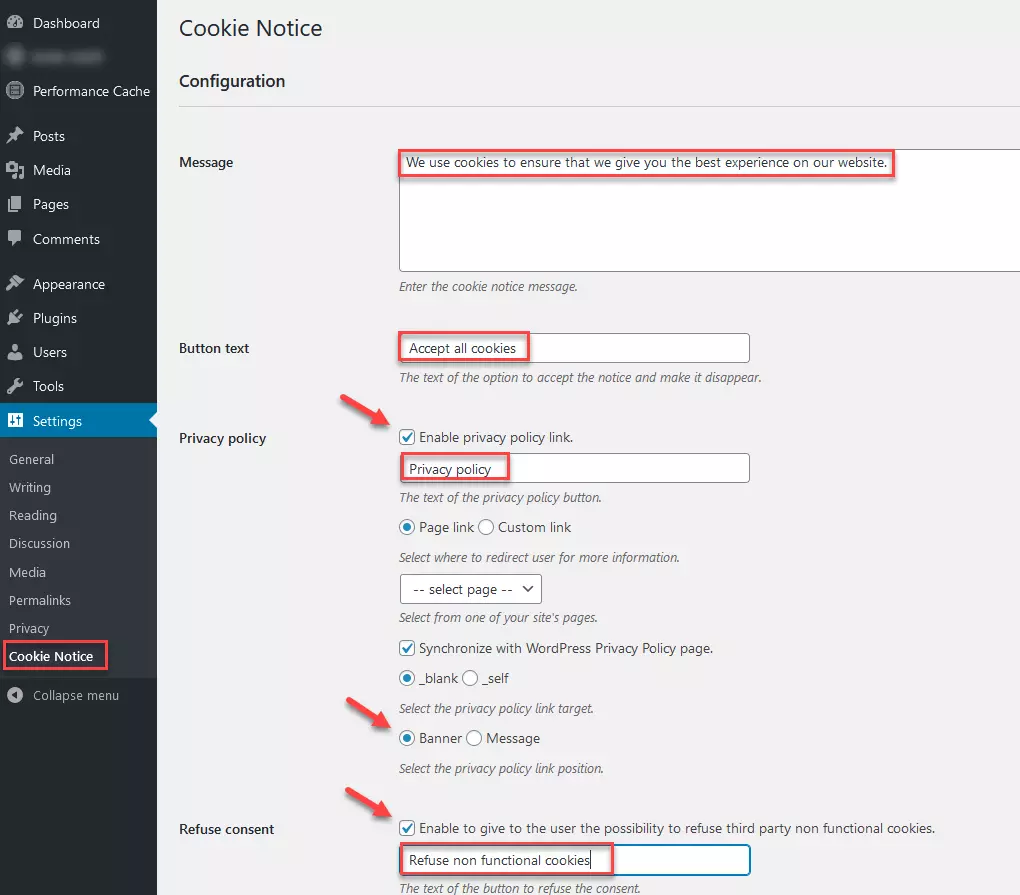 Configuração de um aviso de cookies com o plugin Cookie Notice Imagem: Configuração de um aviso de cookies com o plugin Cookie Notice