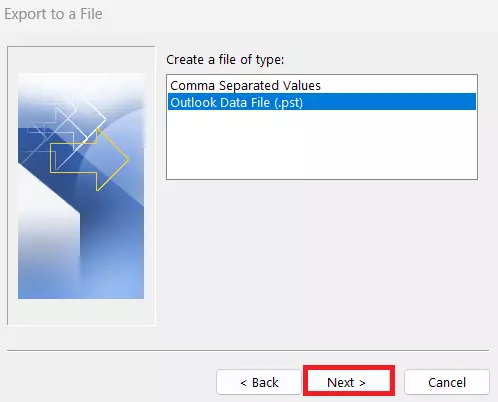 Assistente de importação e exportação do Outlook: Export to PST file Assistente de importação e exportação do Outlook: Export to PST file