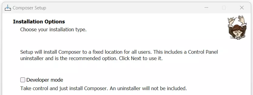 Instalação do compositor: opção “Modo de desenvolvedor” Imagem: Instalação do compositor: opção “Modo de desenvolvedor”