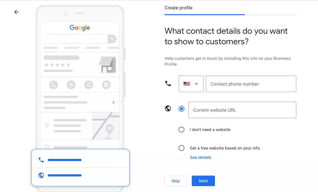 Imagem: Crie um perfil da empresa no Google: insira os dados de contato
