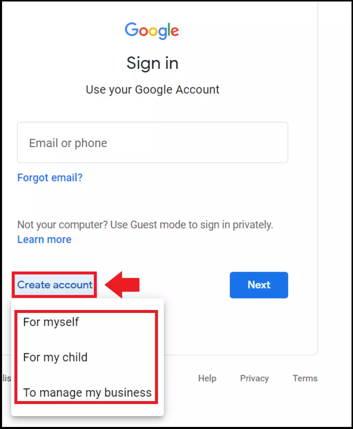 Opções de registro por meio da página de login do Google Imagem: Opções de registro por meio da página de login do Google