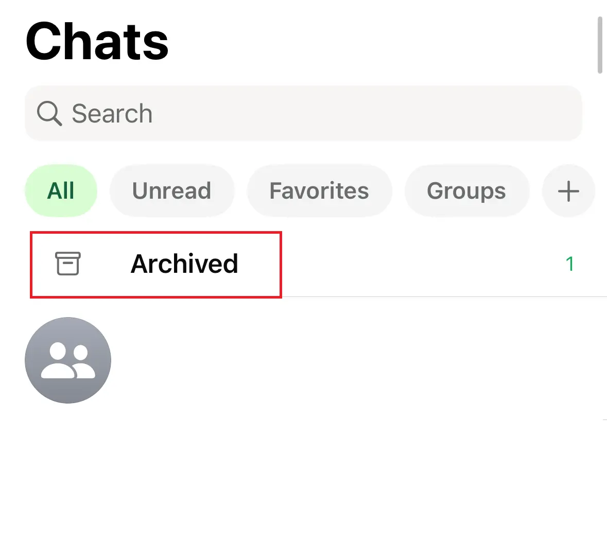 Captura de tela do iPhone mostra a opção “Arquivadas” acima da lista de conversas do WhatsApp Imagem: Captura de tela do iPhone mostra a opção “Arquivadas” acima da lista de conversas do WhatsApp