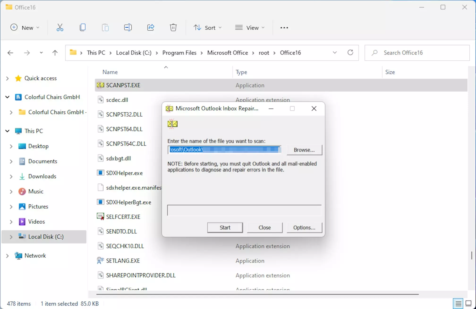 Procure o arquivo de dados pessoais por meio do scanpst.exe Procure o arquivo de dados pessoais por meio do scanpst.exe
