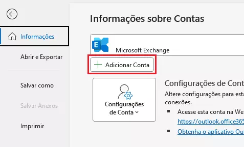 Botão de adicionar conta do Microsoft Outlook Botão de adicionar conta do Microsoft Outlook