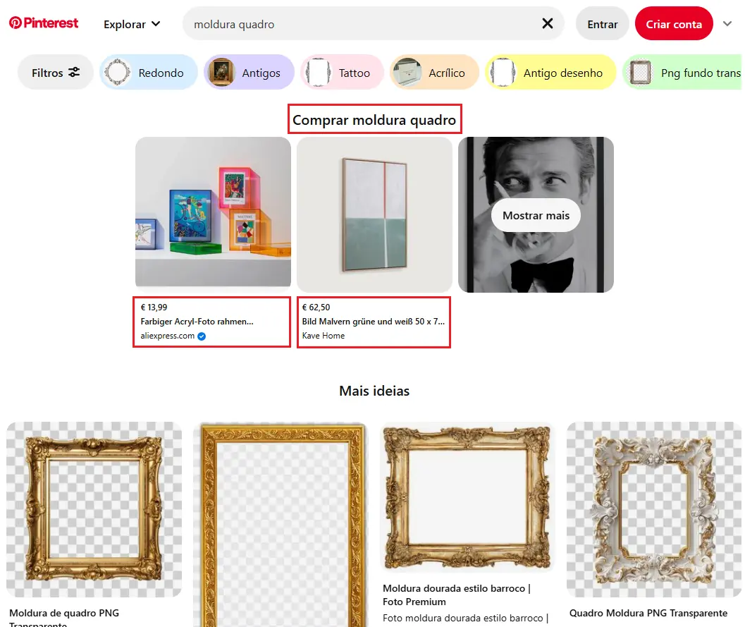 Captura de tela de busca no Pinterest por 'porta-retratos' Imagem: Captura de tela de busca no Pinterest por 'porta-retratos'