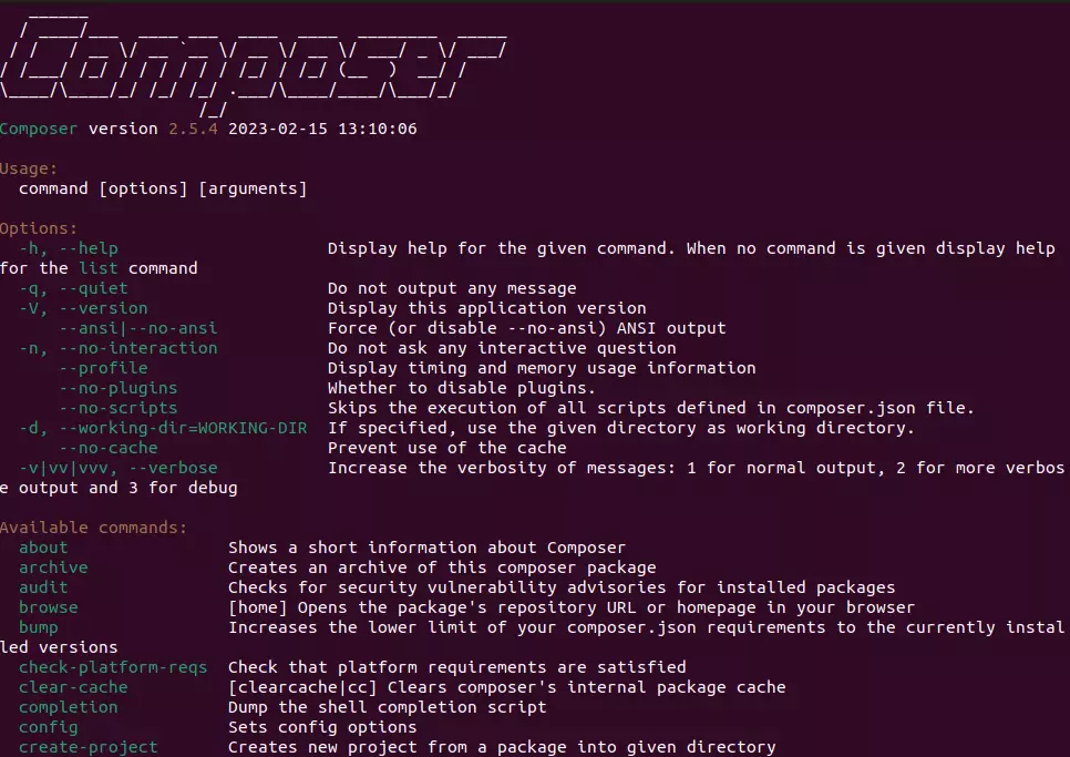 Visão geral de todos os comandos do Composer no shell Visão geral de todos os comandos do Composer no shell