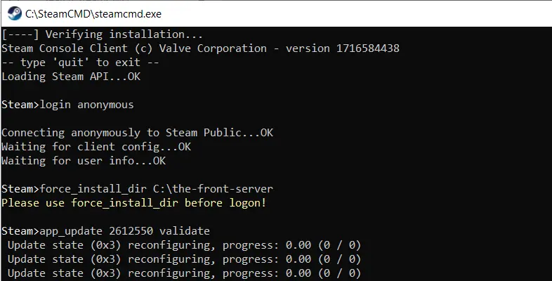 Imagem: The Front: Instalação do servidor no SteamCMD