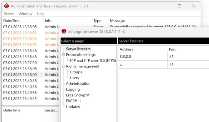 Menu do servidor FileZilla Imagem: Menu do servidor FileZilla