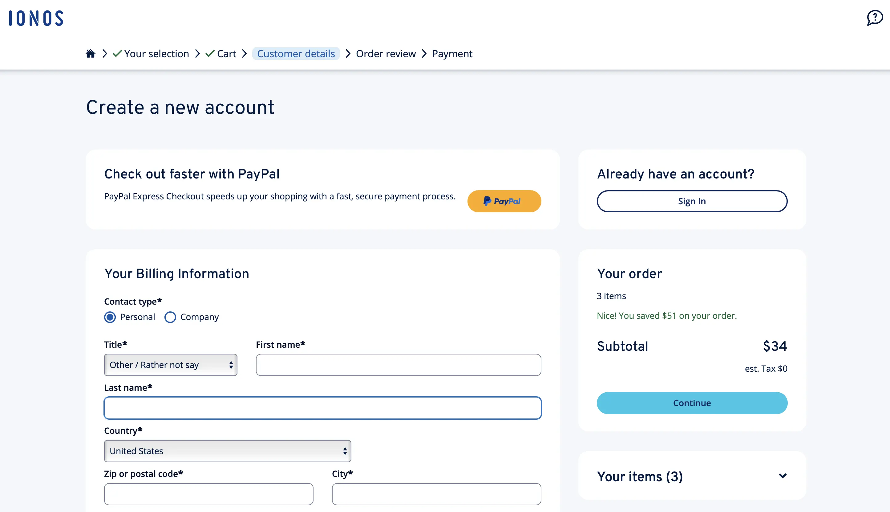 Imagem: Captura de tela do registro na IONOS