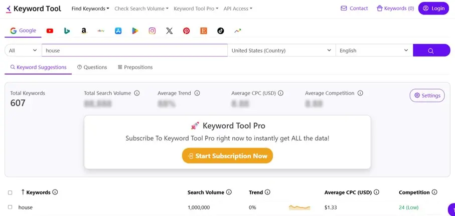 Imagem: KeywordTool.io: Resultado da pesquisa no Google para o termo “house”