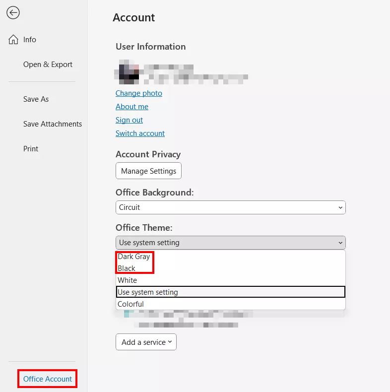 A opção Tema do Office na conta do Office com as opções do modo escuro A opção Tema do Office na conta do Office com as opções do modo escuro