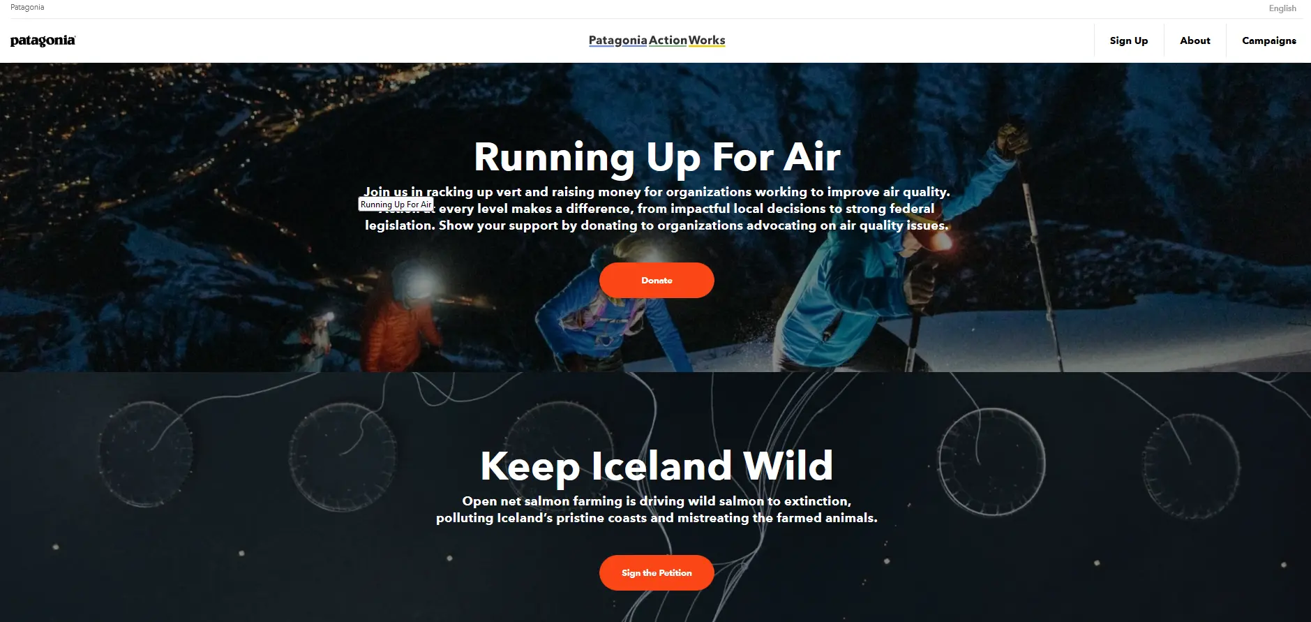 Imagem: Captura de tela do site da Patagonia com se&ccedil;&otilde;es sobre prote&ccedil;&atilde;o dos oceanos e energia cidad&atilde;