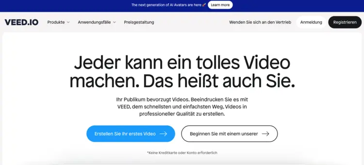 Captura de tela da página inicial do Veed Captura de tela da página inicial do Veed