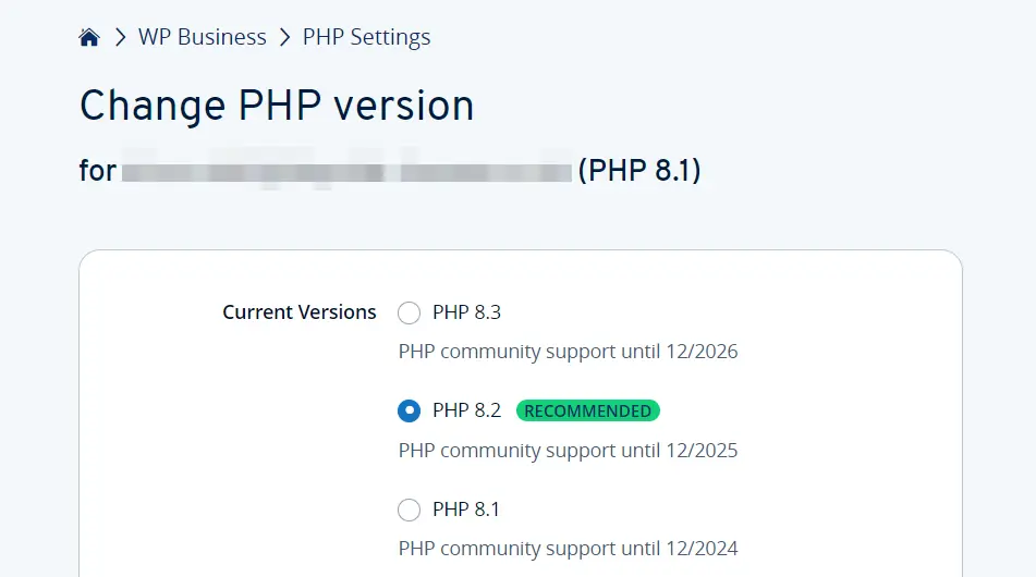 Opções de versão do PHP para a conta de cliente IONOS Imagem: Opções de versão do PHP para a conta de cliente IONOS