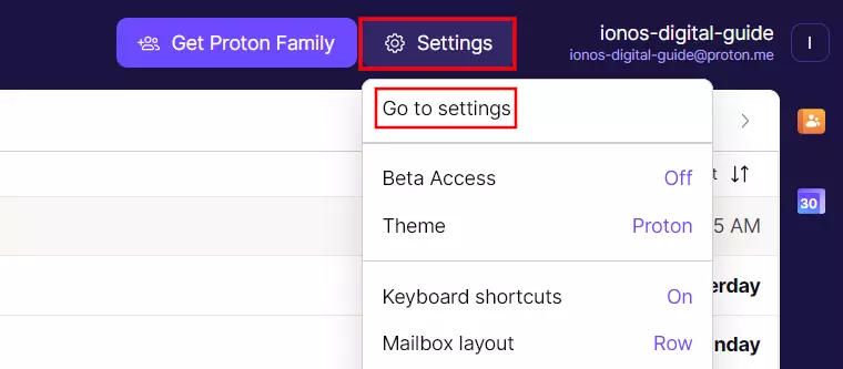 “Ir para as configurações“ no ProtonMail Imagem: “Ir para as configurações“ no ProtonMail