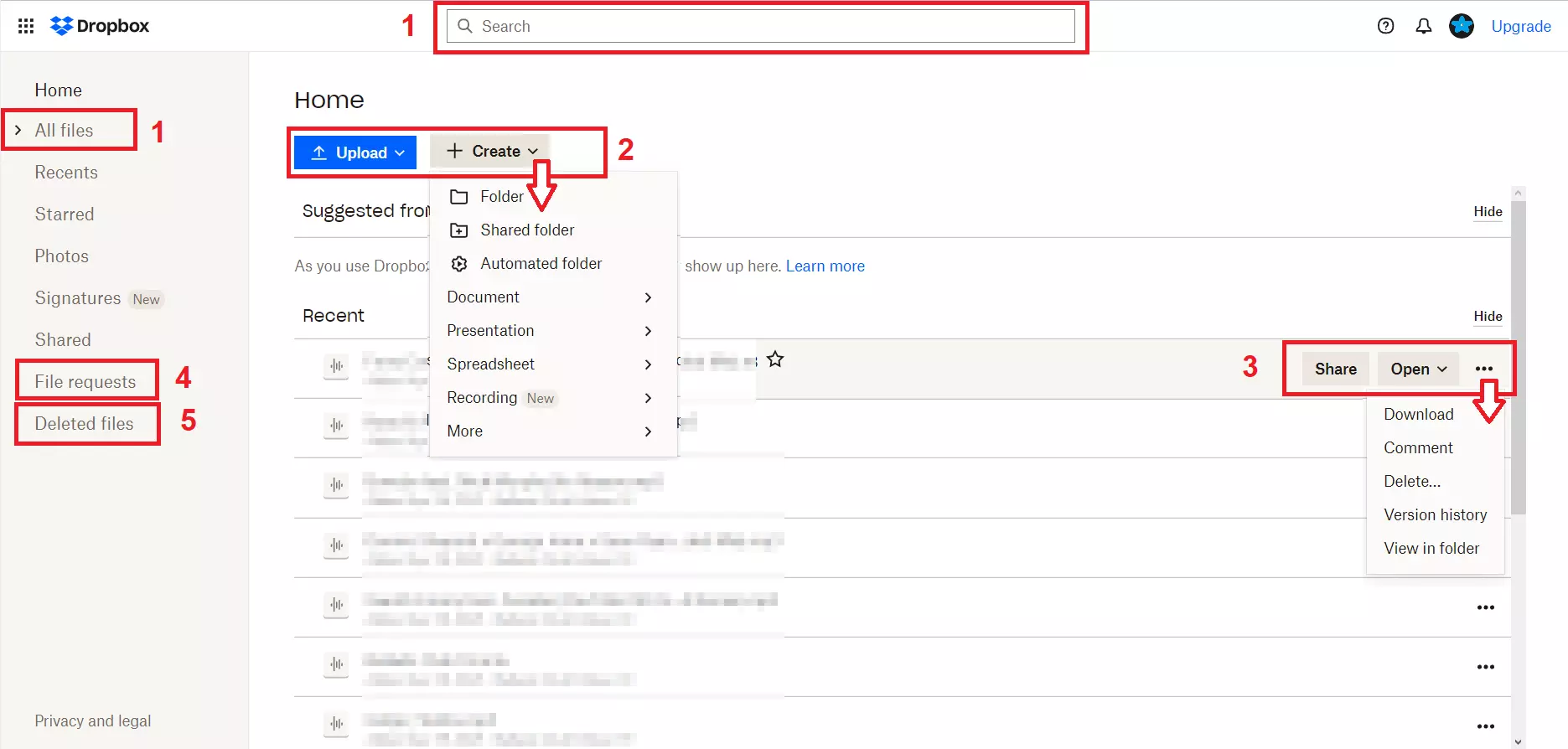Página inicial do Dropbox vista no navegador com opções de menu Página inicial do Dropbox vista no navegador com opções de menu
