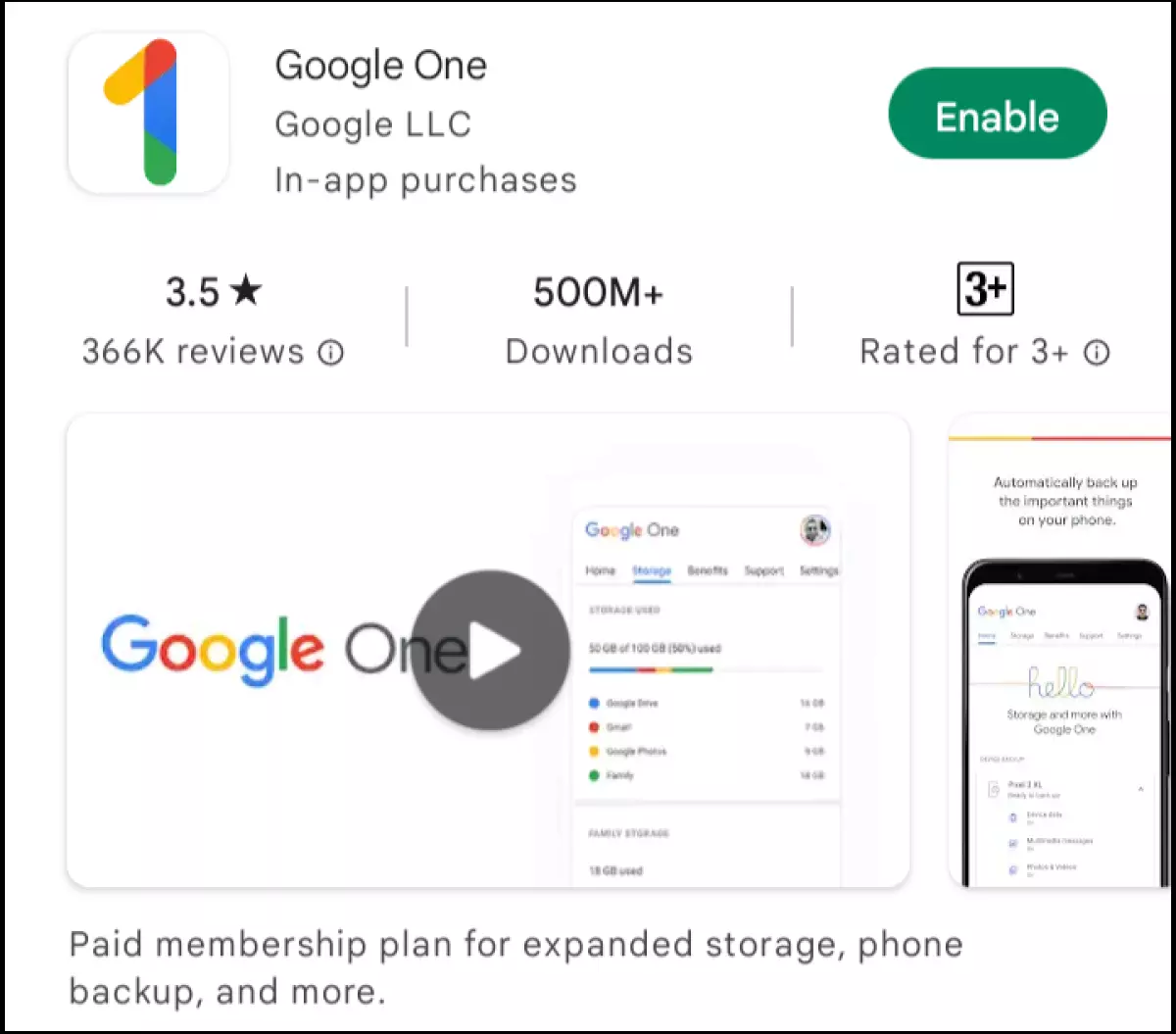 O aplicativo Google One na Google Play Store O aplicativo Google One na Google Play Store