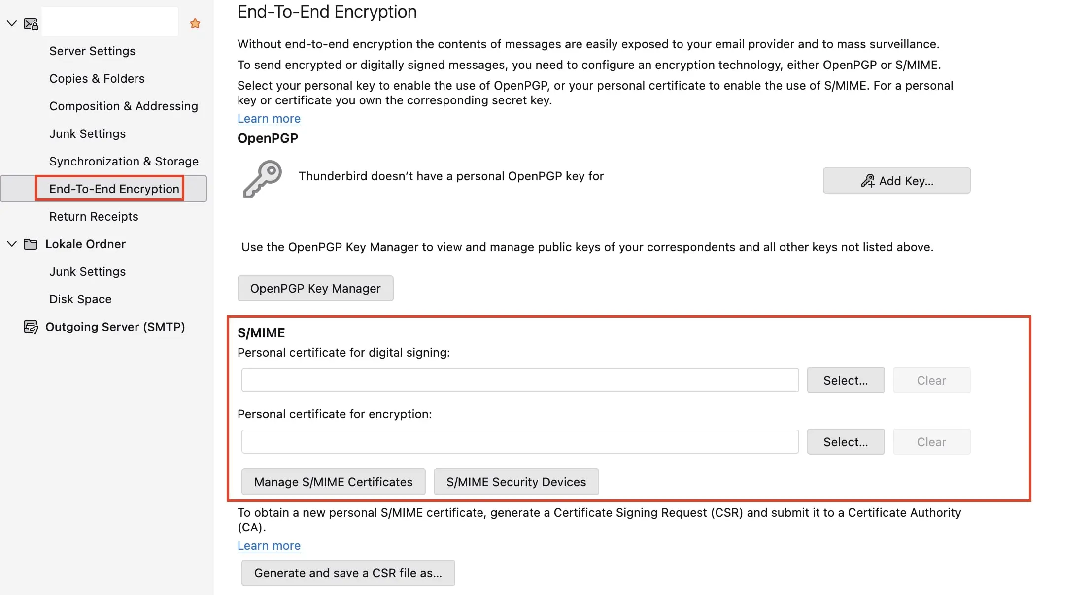 Selecionar certificado no Thunderbird Imagem: Selecionar certificado no Thunderbird