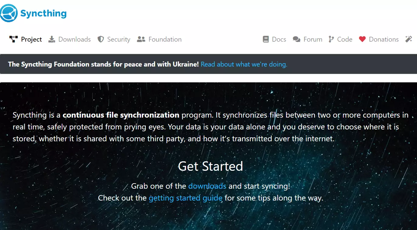 Captura de tela do site do Syncthing Captura de tela do site do Syncthing