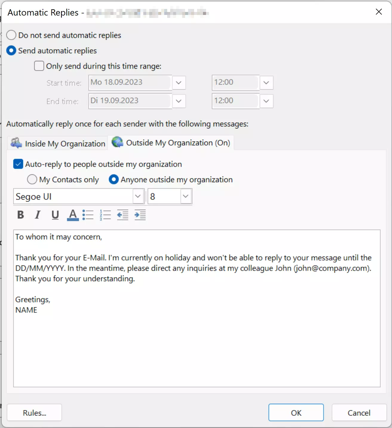 Janela de configuração de ausência temporária com a opção de designar um período de resposta automática Janela de configuração de ausência temporária com a opção de designar um período de resposta automática