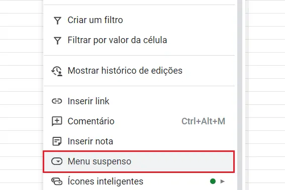 Caminho para criar uma lista suspensa em uma célula do Google Sheets Imagem: Caminho para criar uma lista suspensa em uma célula do Google Sheets