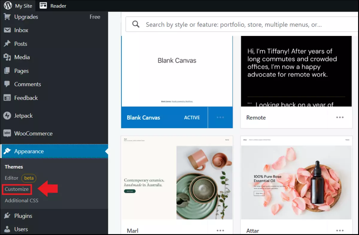 A opção “Customize” do painel para configurar páginas de produtos Imagem: A opção “Customize” do painel para configurar páginas de produtos