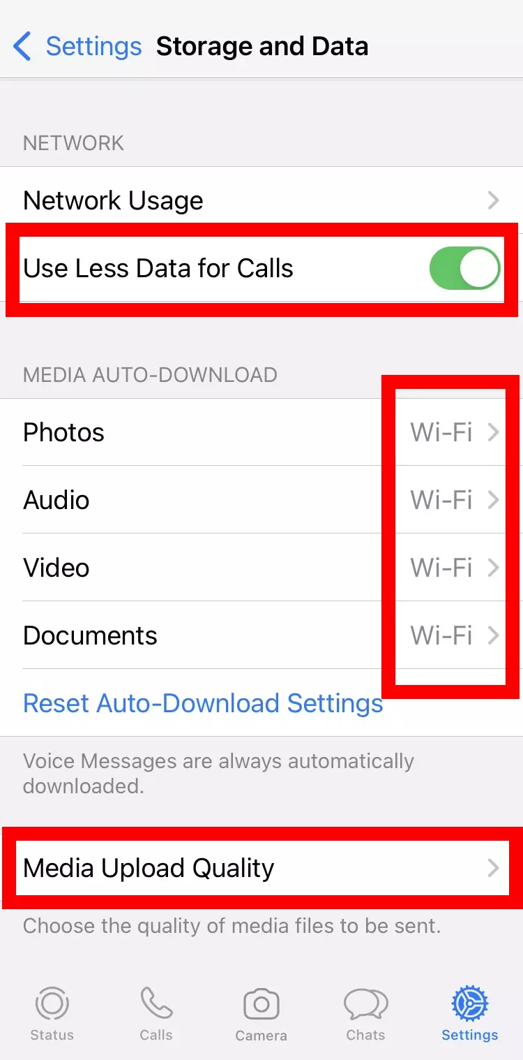 Imagem: Captura de tela do iPhone das opções de Armazenamento e Dados no WhatsApp