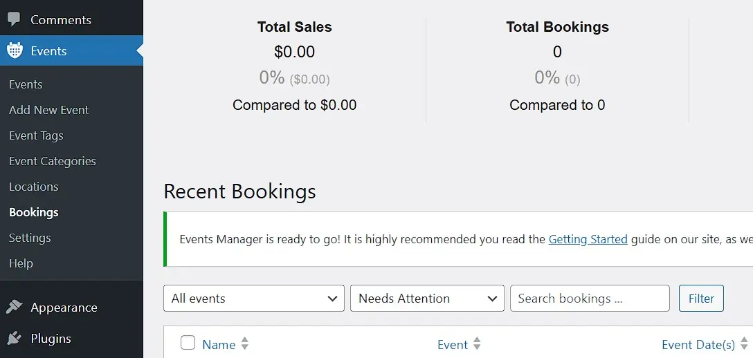 Plugin de calendário WordPress Events Manager no backend do WordPress Imagem: Plugin de calendário WordPress Events Manager no backend do WordPress