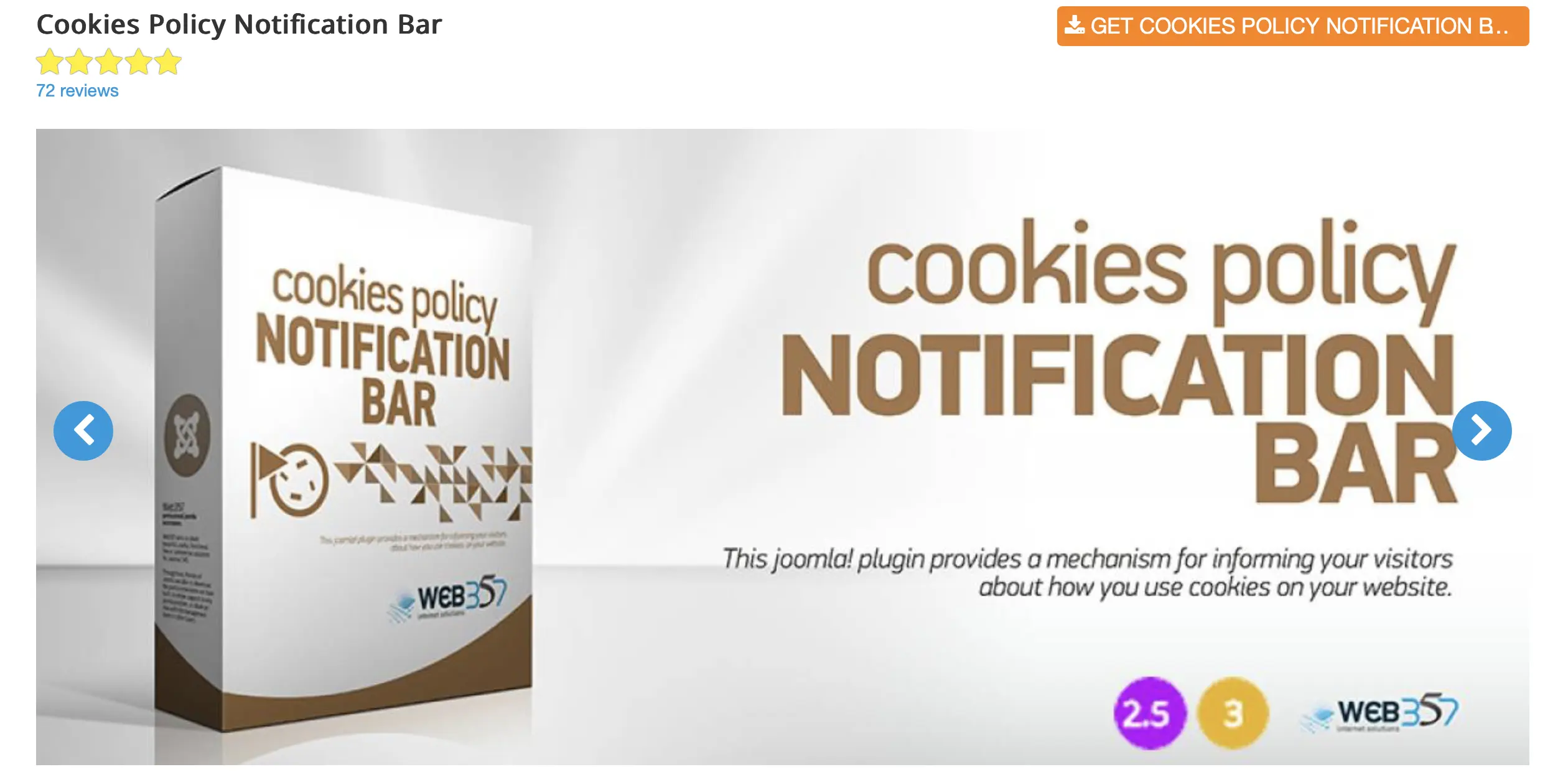 Captura de tela do site da extensão Joomla-Cookies Policy Notification Bar Imagem: Captura de tela do site da extensão Joomla-Cookies Policy Notification Bar